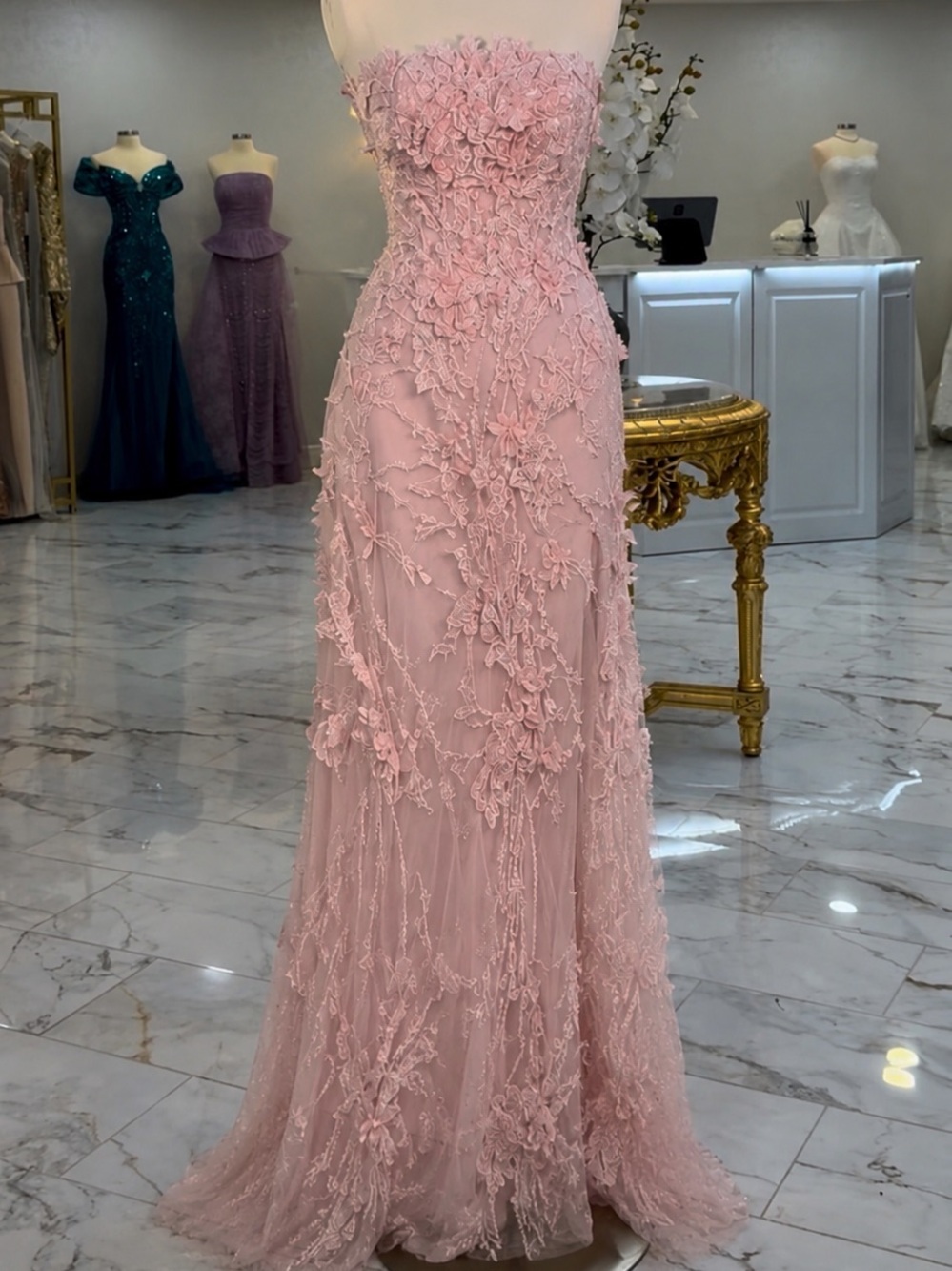 Missaki Couture | Lebanese Designer | Pink Strapless Floral Lace Evening Gown